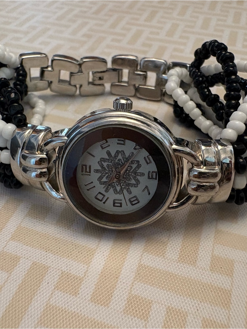 Geneva Silver-Tone Watch with Black & White Beaded Strap
